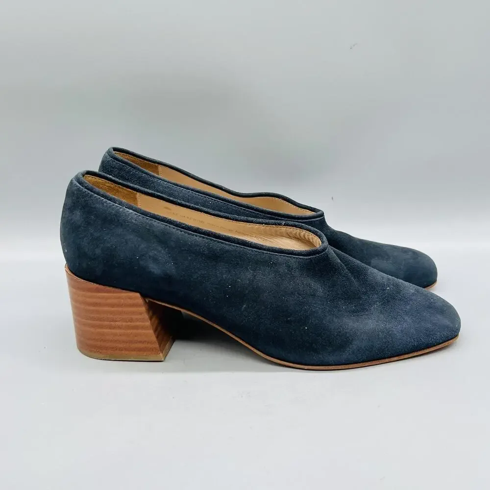 COS Shoes Womens 10 Blue Suede Block Heel Rounded Almond Toe Slip On Dress Pumps